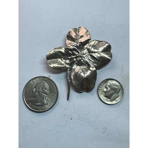 Estate Sterling Silver 925 Four Leaf Clover Brooch Pin, 16.7g, Hallmarked - Picture 7 of 9